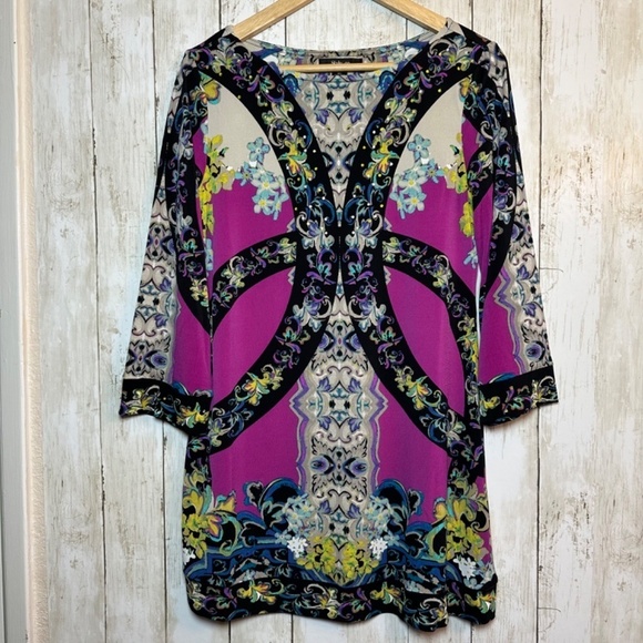 Style&Co Shift Dress Boat neckline Bell Sleeve Stretch Sz Small Floral Disco - Picture 16 of 16